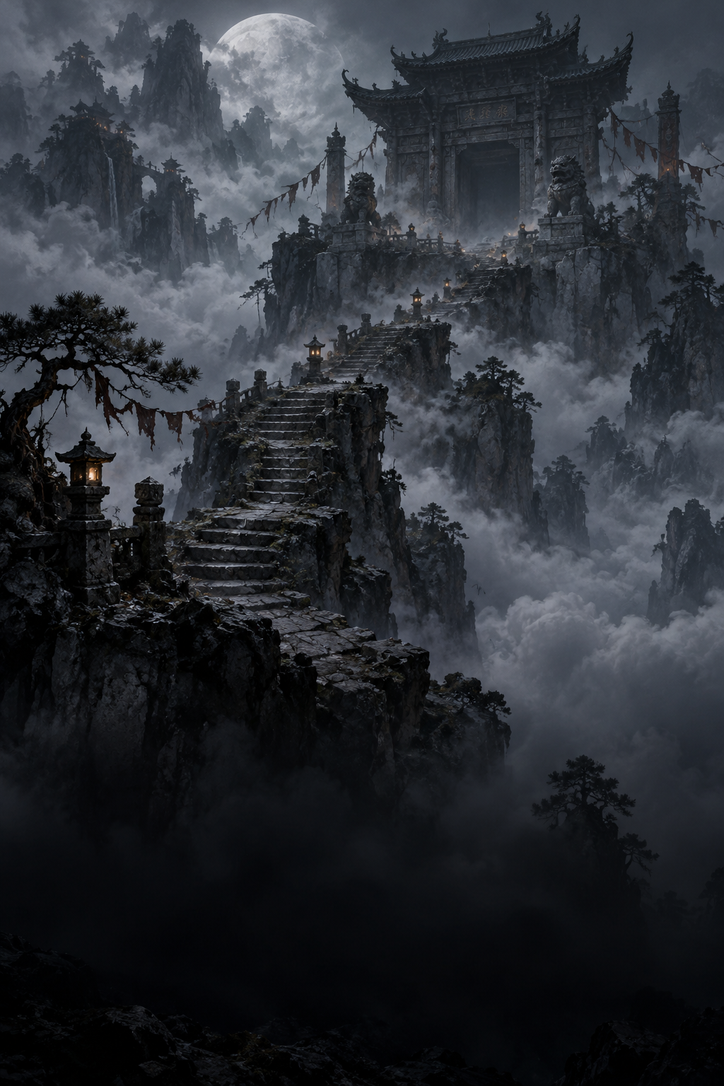 月下石阶穿越云海，通向远方山门