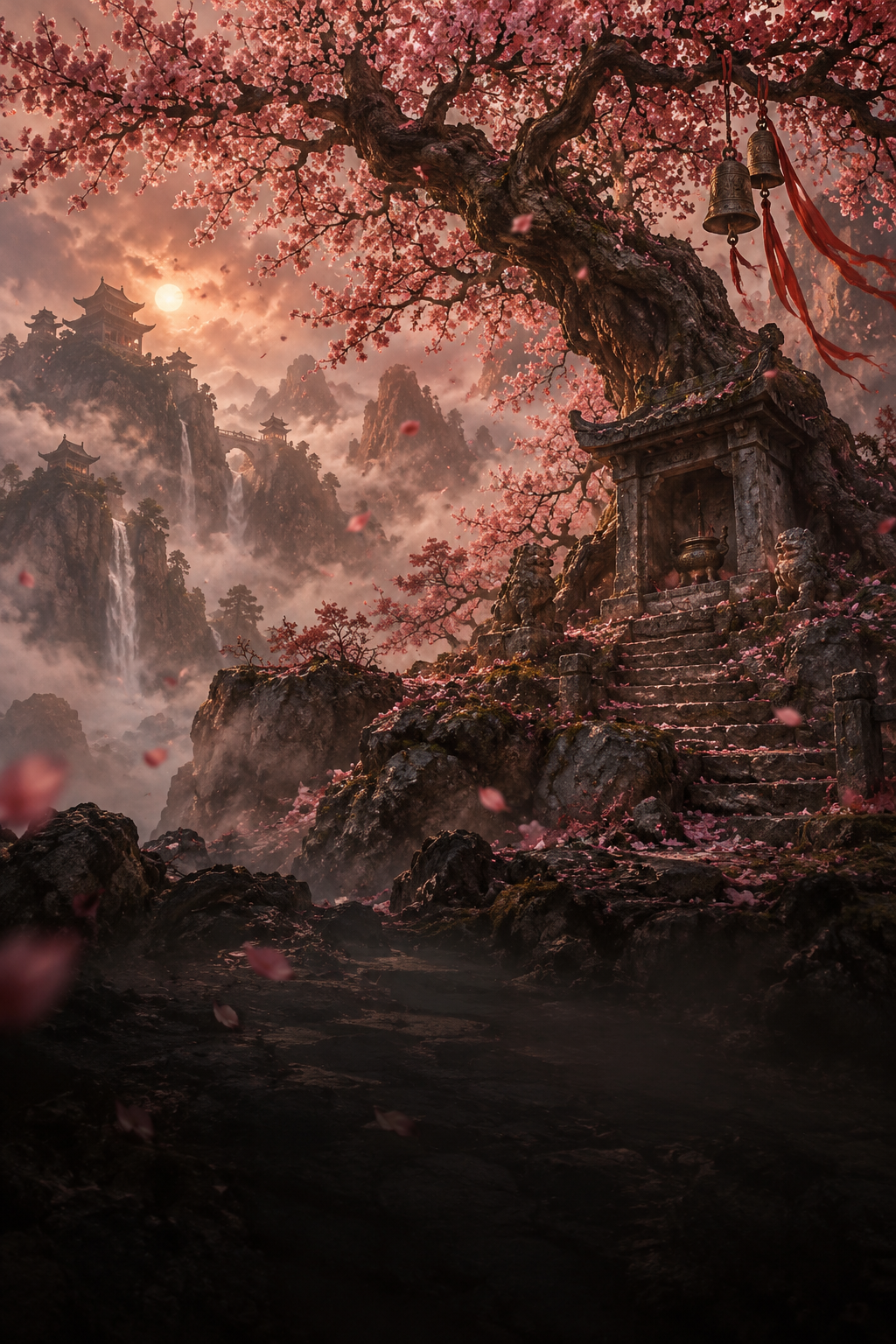 桃花古树掩映着山间石祠与铜铃